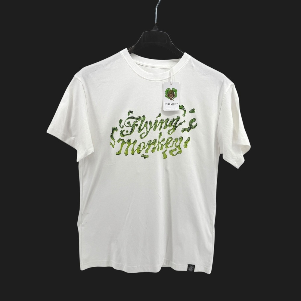 NEW‎ Flying Monkey Unisex Small Liquid Letters White T-Shirt 100% Organic Cotton